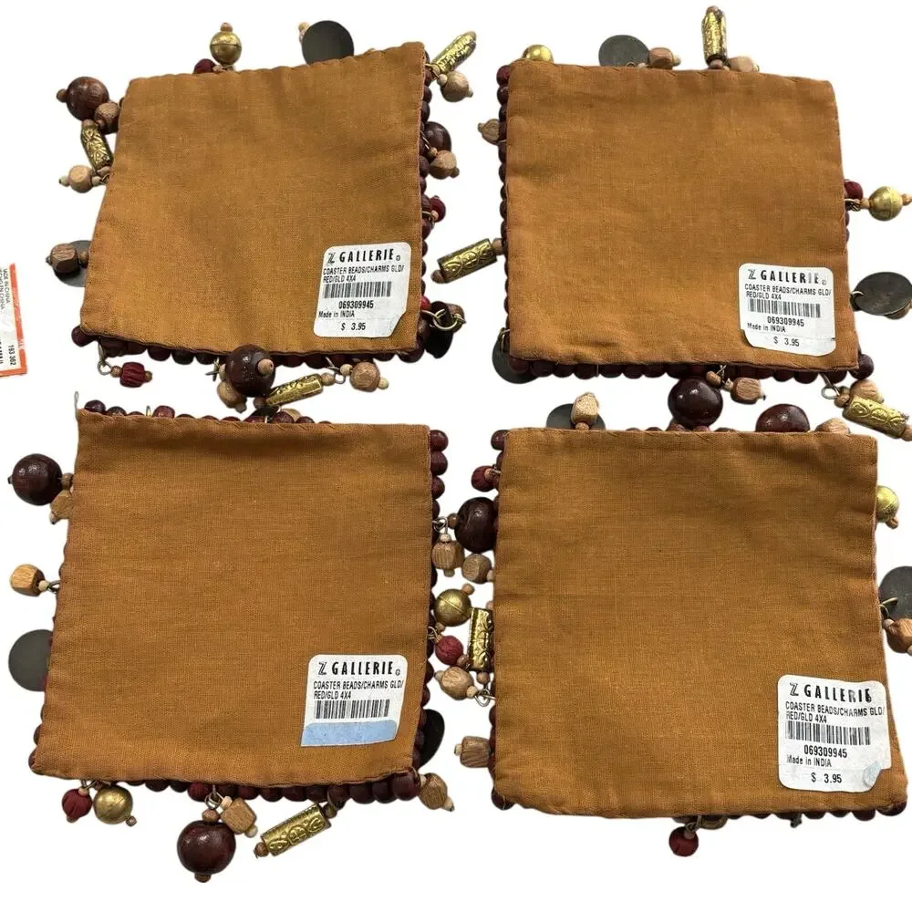 Z Gallerie Bronze Beads Wooden & Gold Bead Dangle Charms Trim Coasters Set of 4